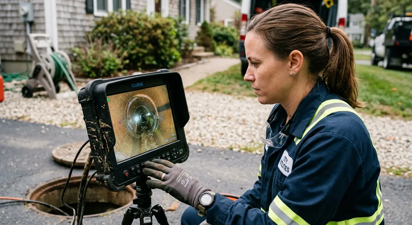 Technician reviewing sewer camera inspection footage in Groton