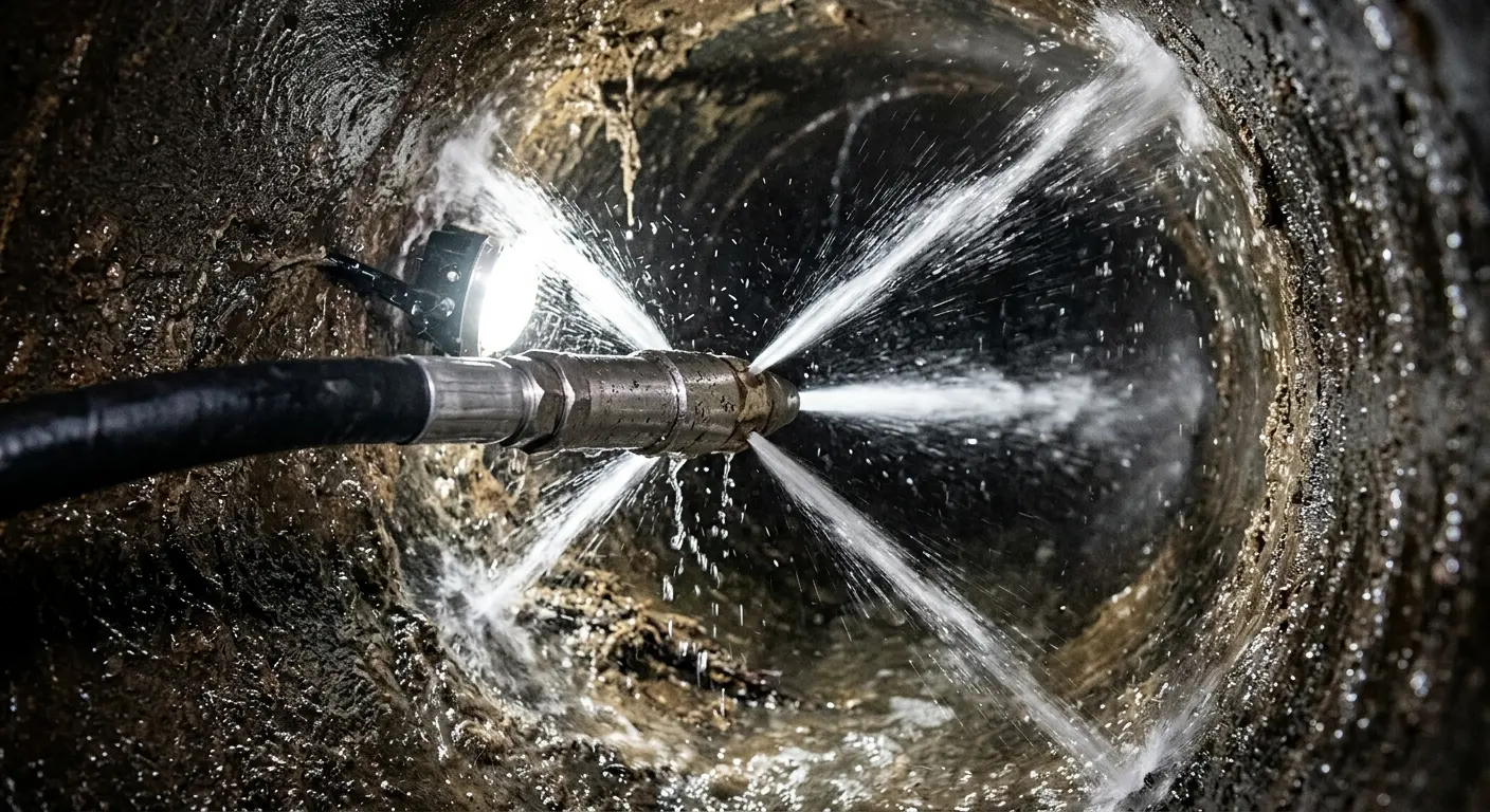 High-pressure hydro jetting nozzle cleaning sewer pipe for Emergency Drain Service in Groton