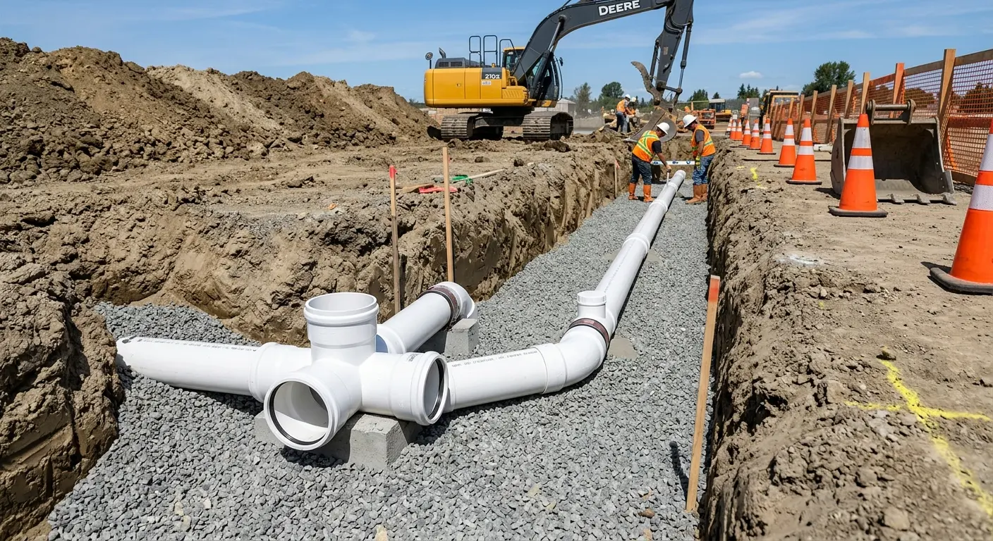 New PVC sewer pipe installation in open trench for Commercial Drain Cleaning in Groton