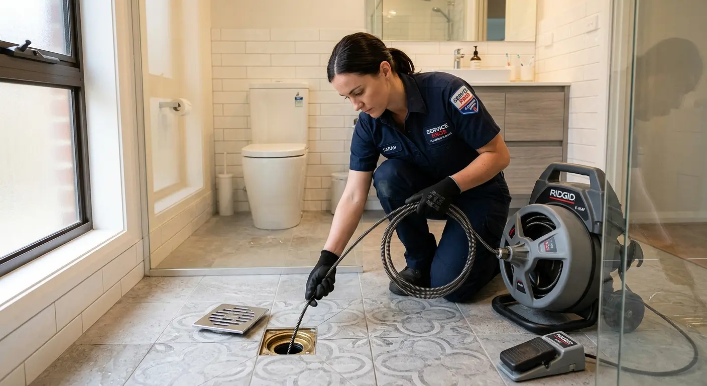 Technician clearing a bathroom floor drain for Hydro Jetting in Groton